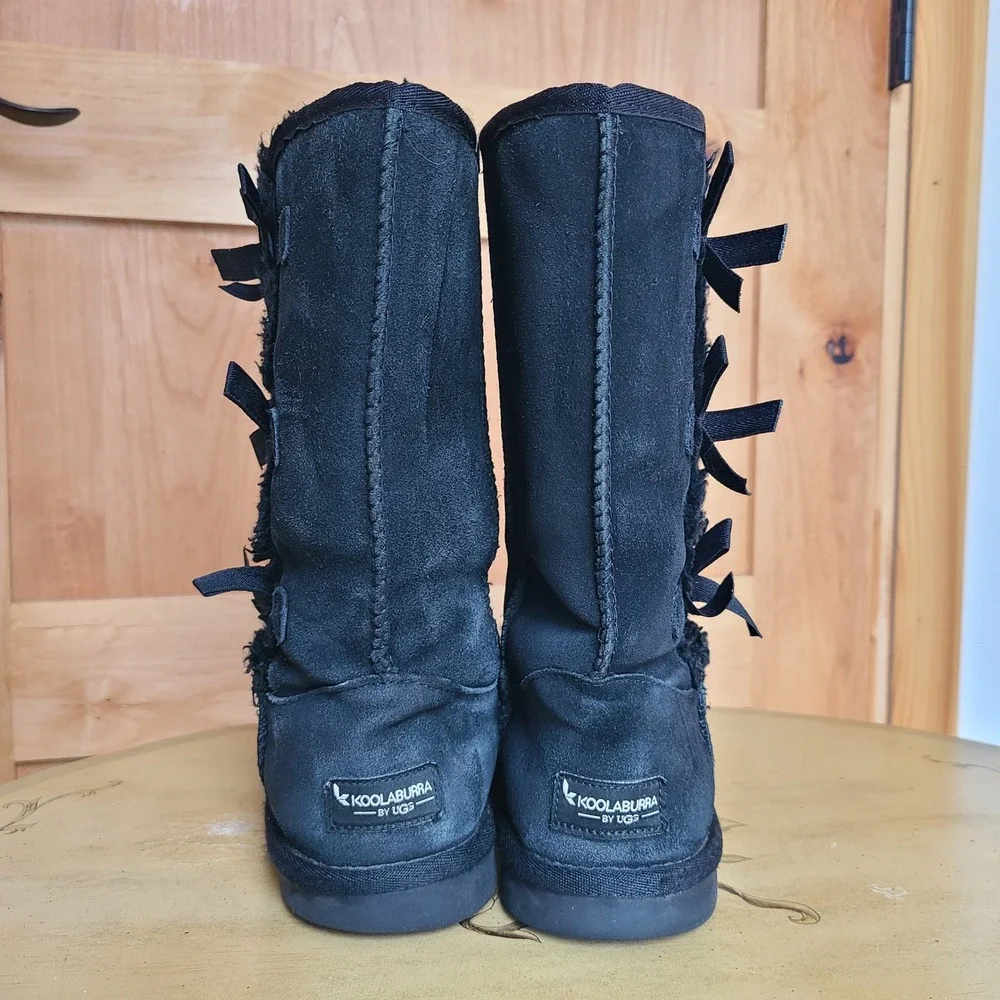 Koolaburra by UGG US 4 Black Suede Victoria Tall‎ Triple Bow Boots Kids Y2K Cozy